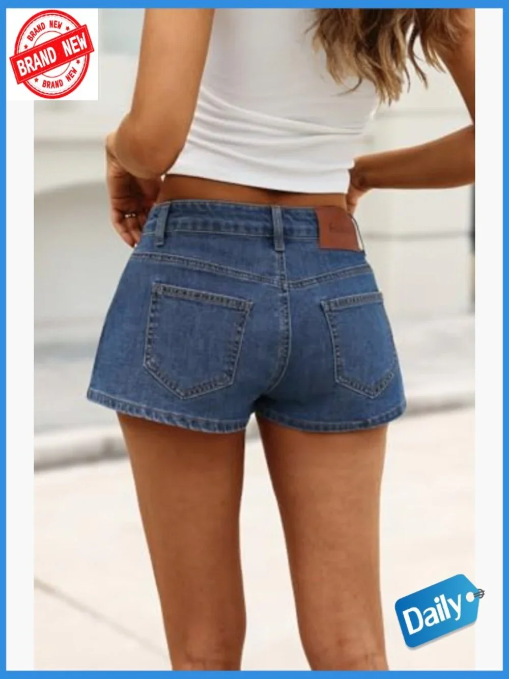 Baggy Low Rise Denim Shorts with Leather Patch High Stretch